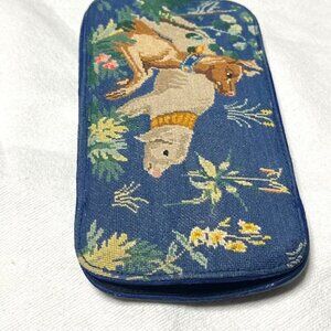 VTG Needlepoint Blue Animals Floral Eyeglasses Soft Case Silk Cotton 6.5"x3.5"